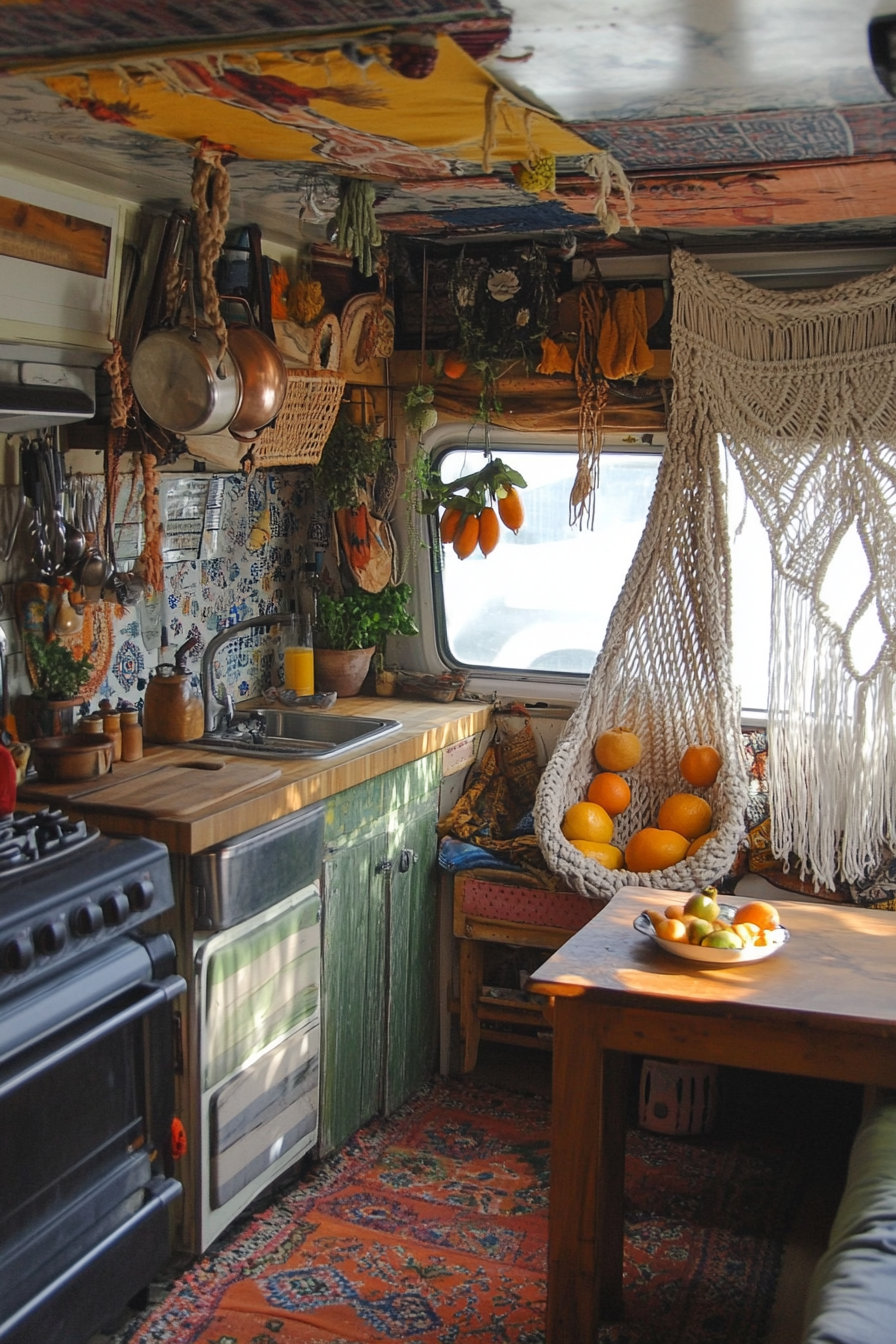 Bohemian Camper Kitchen. Macramé fruit hammock with rattan breakfast table.