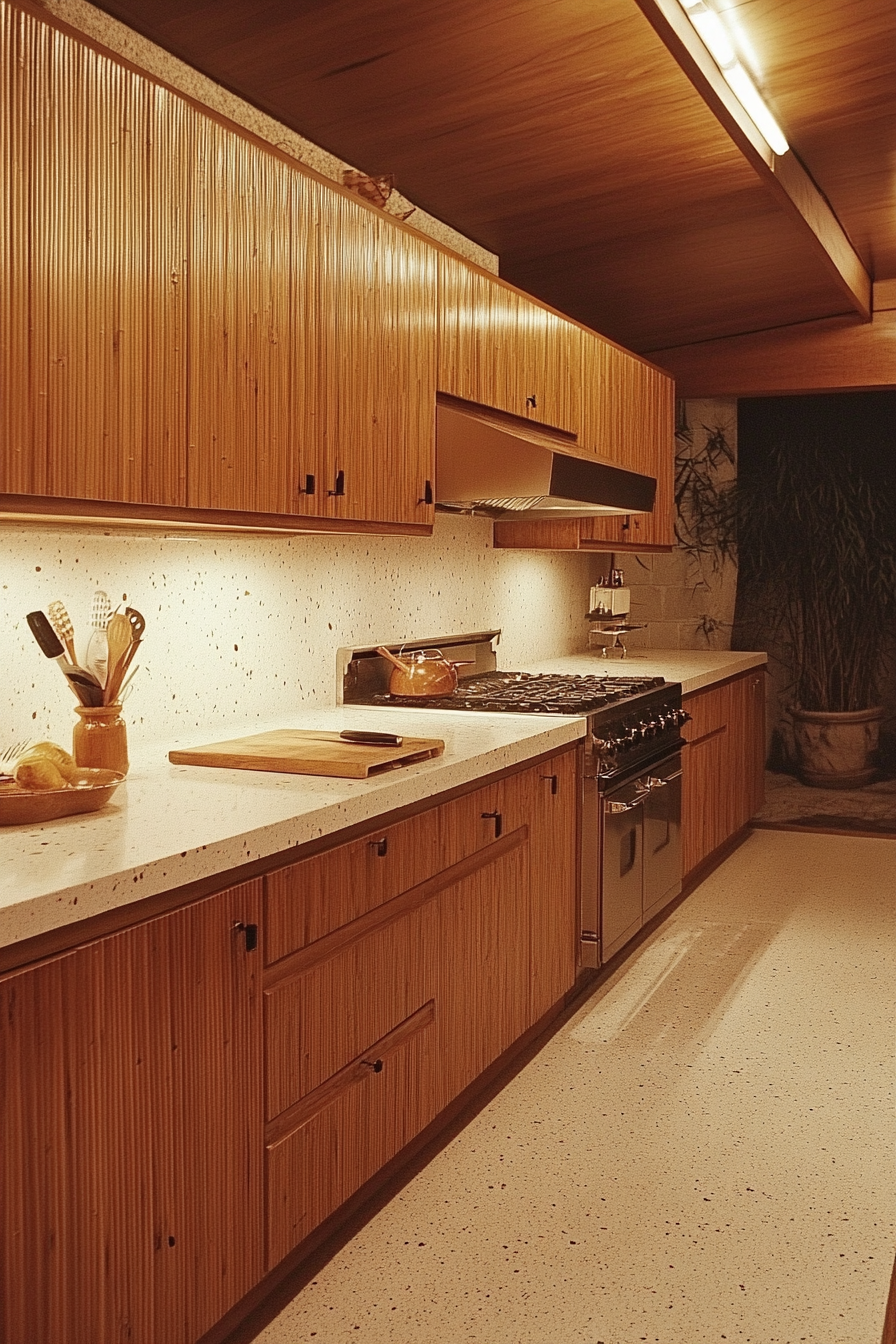 Cooking space. Bamboo cabinetry and white terrazzo counters.