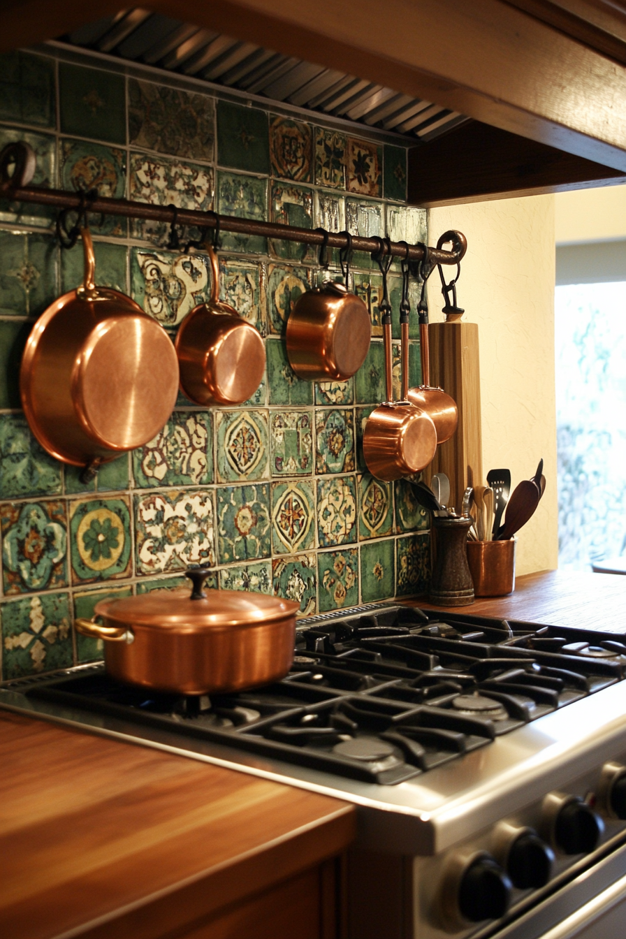 Tiny cooking space idea. Moroccan tile backsplash with copper pot rack.