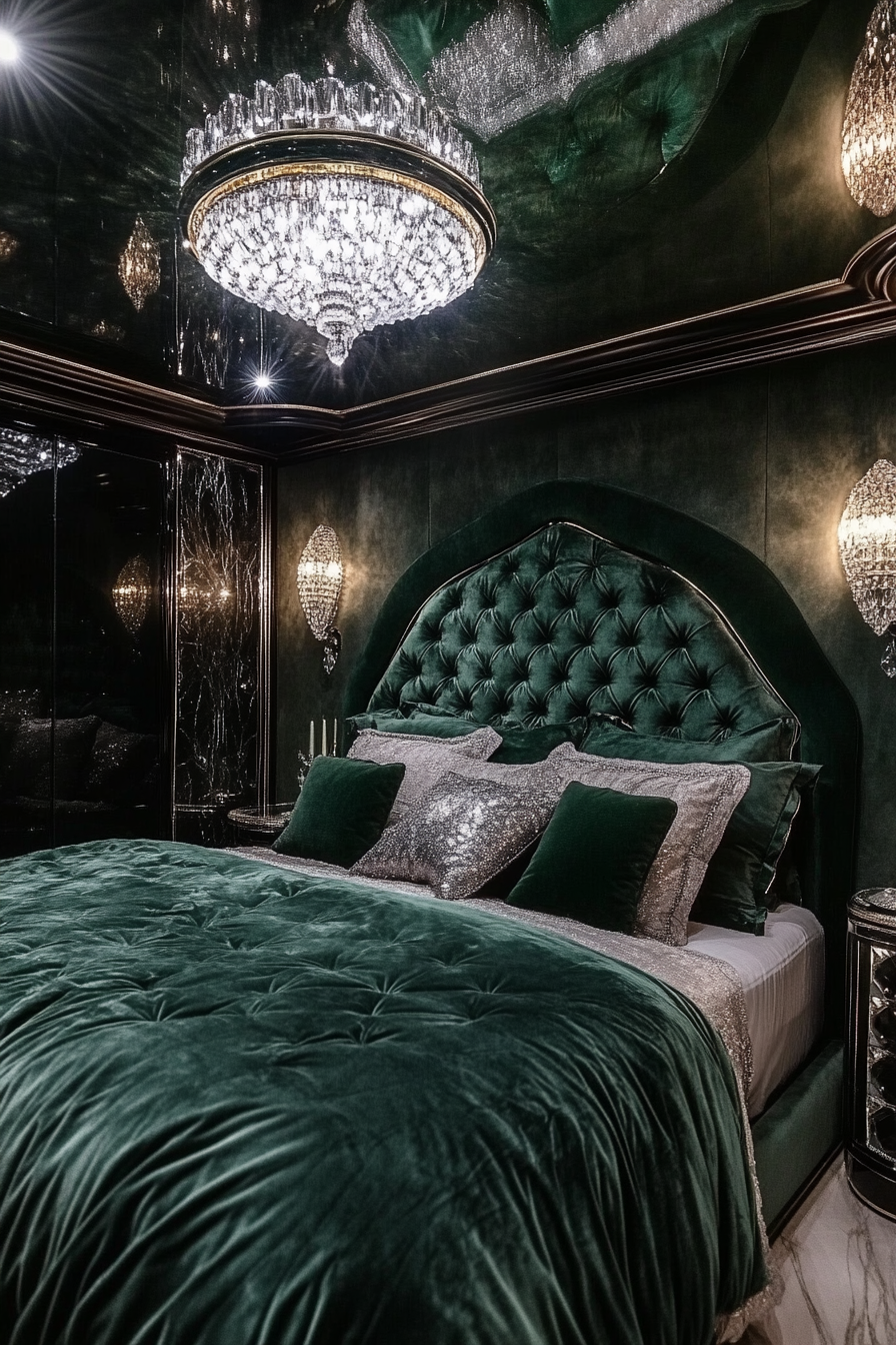 Luxury sleeping space. Emerald velvet headboard, mirrored diamond nightstands, tiktok crystal sconces.