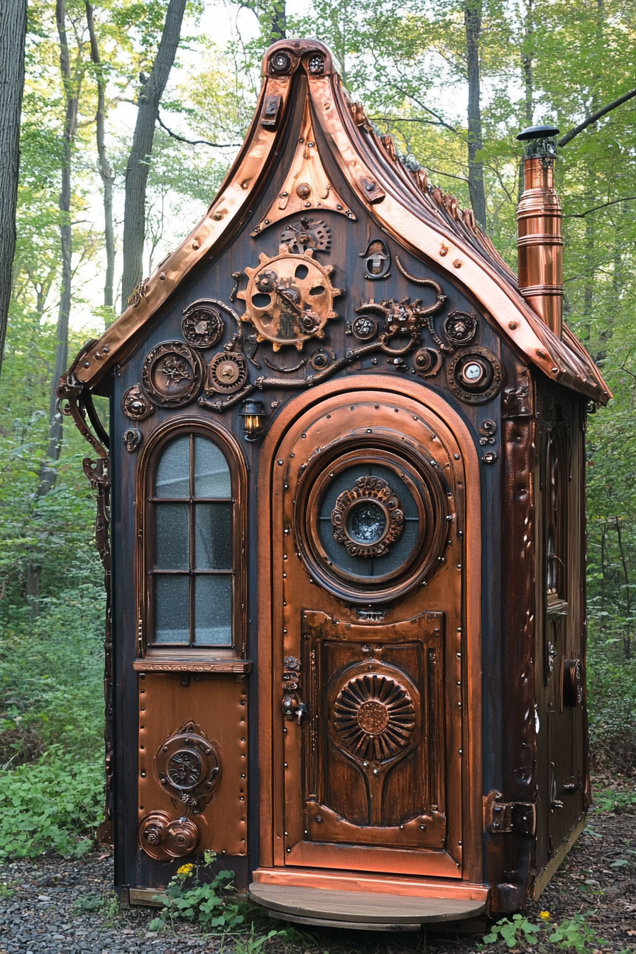 Steampunk micro home. Copper finishing with ornate, gear-inlaid front door.