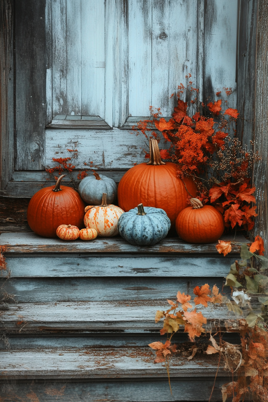 Fall porch. Pumpkin arrangement on distressed wood steps.