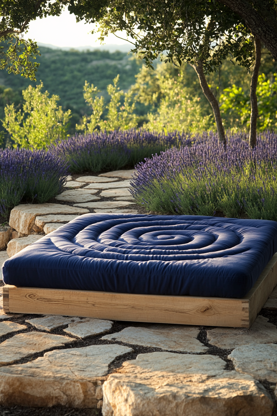 Outdoor Massage Table. Rustic wood with plush, cobalt blue cushions. Meditation Labyrinth Layout. Spiral stone path lined with lavender bushes.