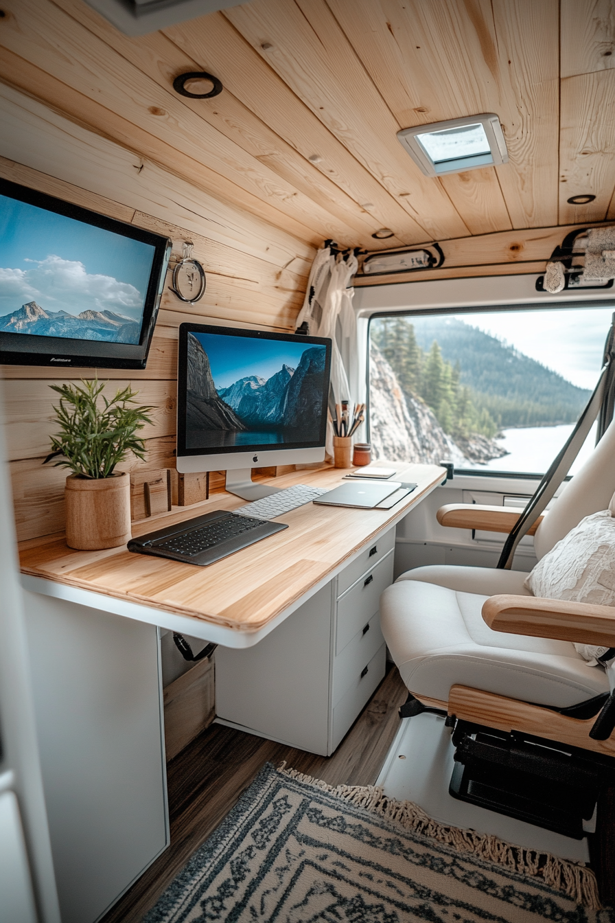 Remote work camper interior. sleek white and plywood desk area with monitor stand.