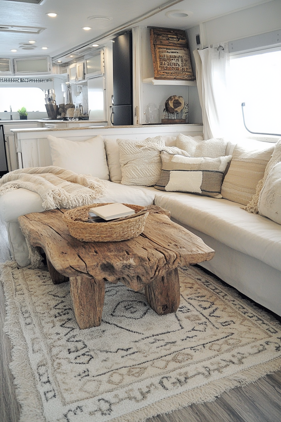 Boho coastal RV interior. Driftwood center table with white Moroccan rug.