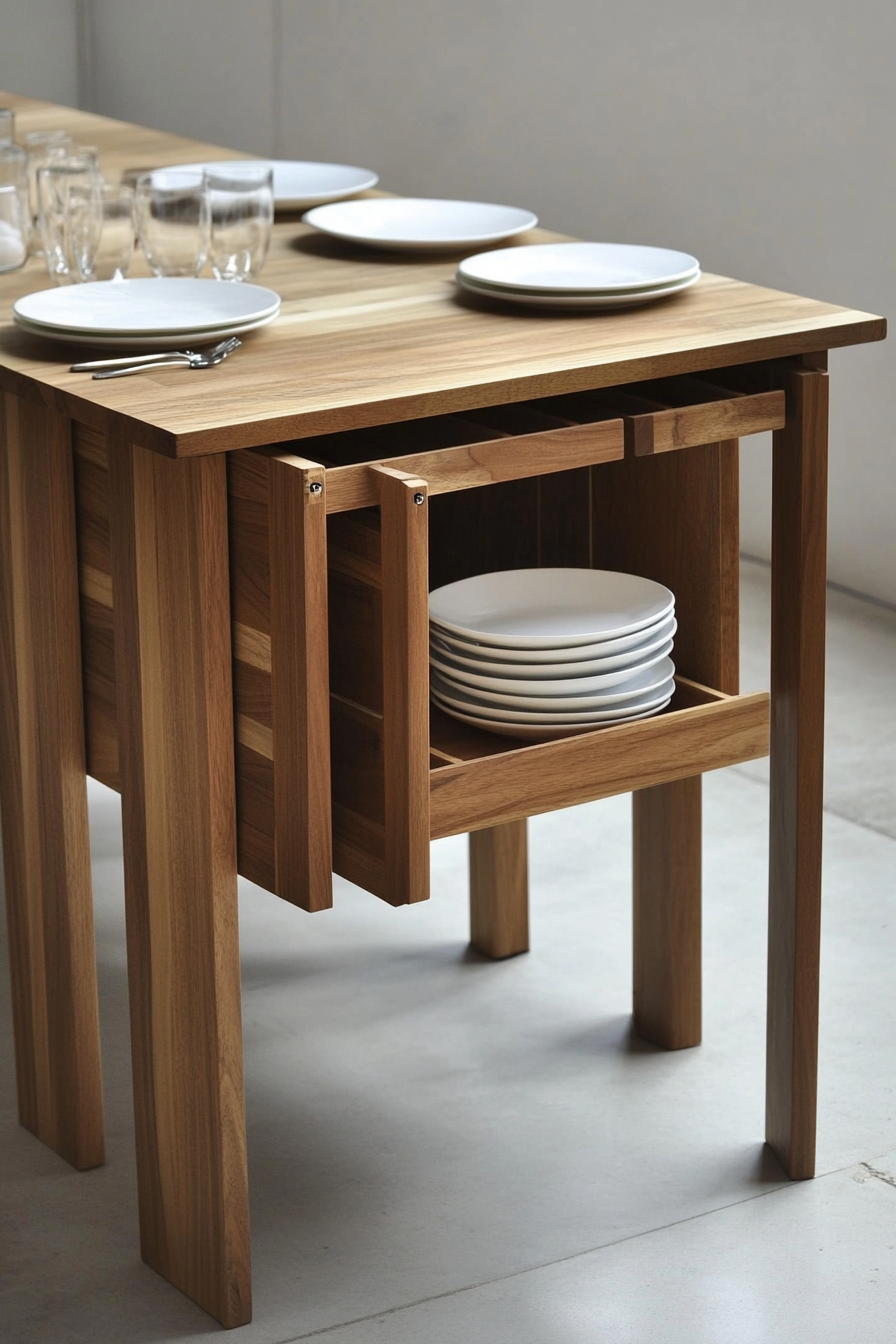 Dining table for small spaces. Compact design with hidden plate storage compartment.