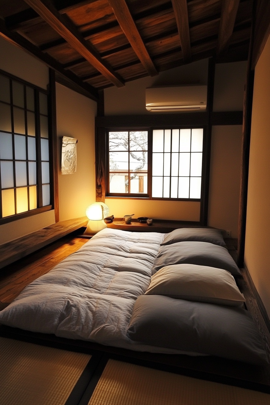 Micro bedroom design. Tatami mat flooring with grayscale bedding.