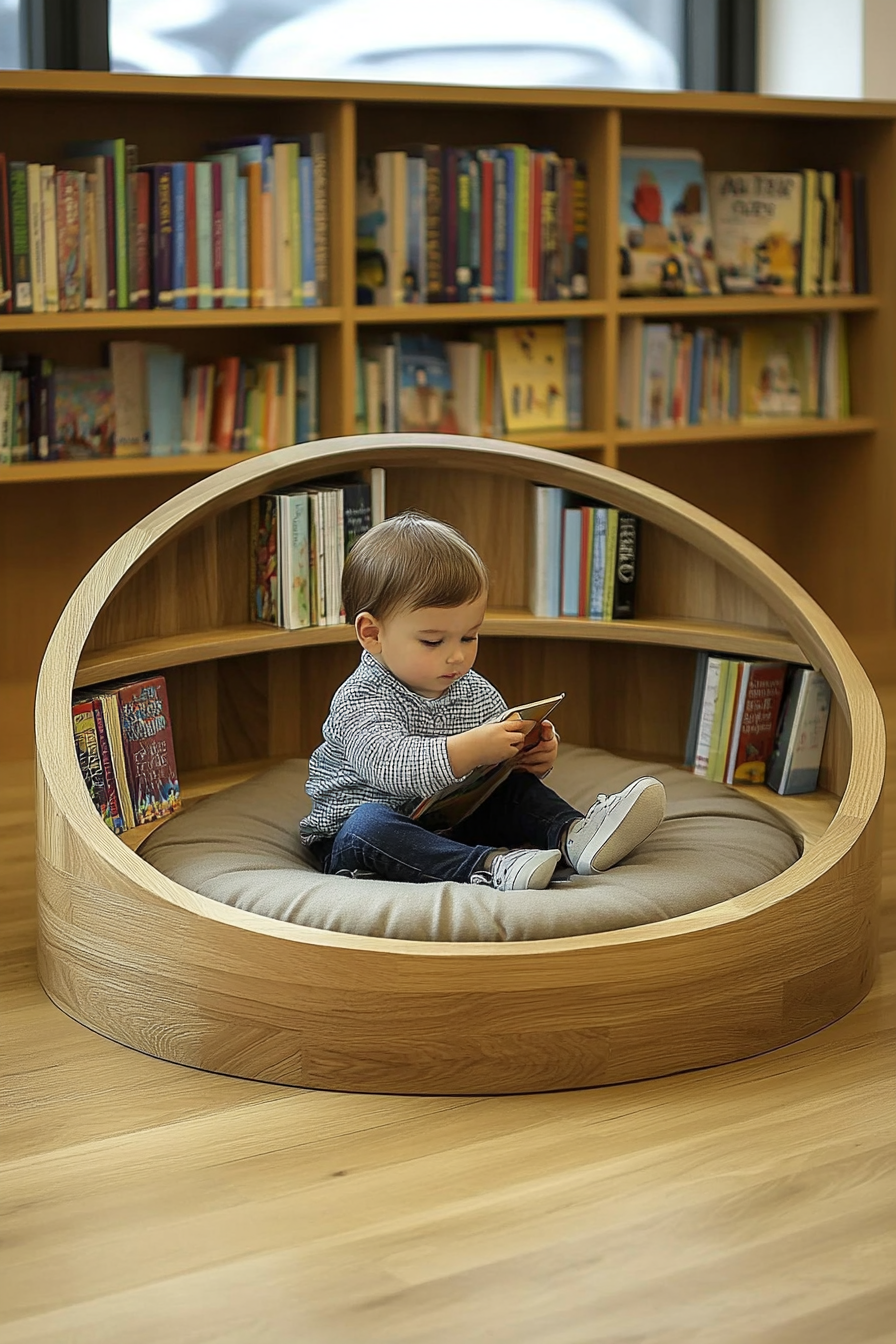 Child-sized library concept. Round floor cushion with accessible wooden book display.