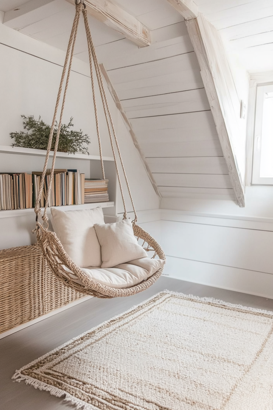 Tiny home upper level design. Velvet hanging swing chair by a rattan bookshelf.