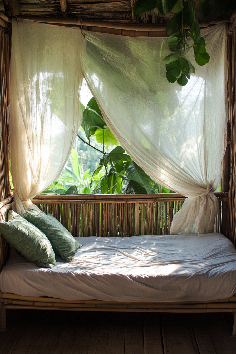 Sleeping nook. Bamboo-frame bed with greenery-nearby mosquito net drape.