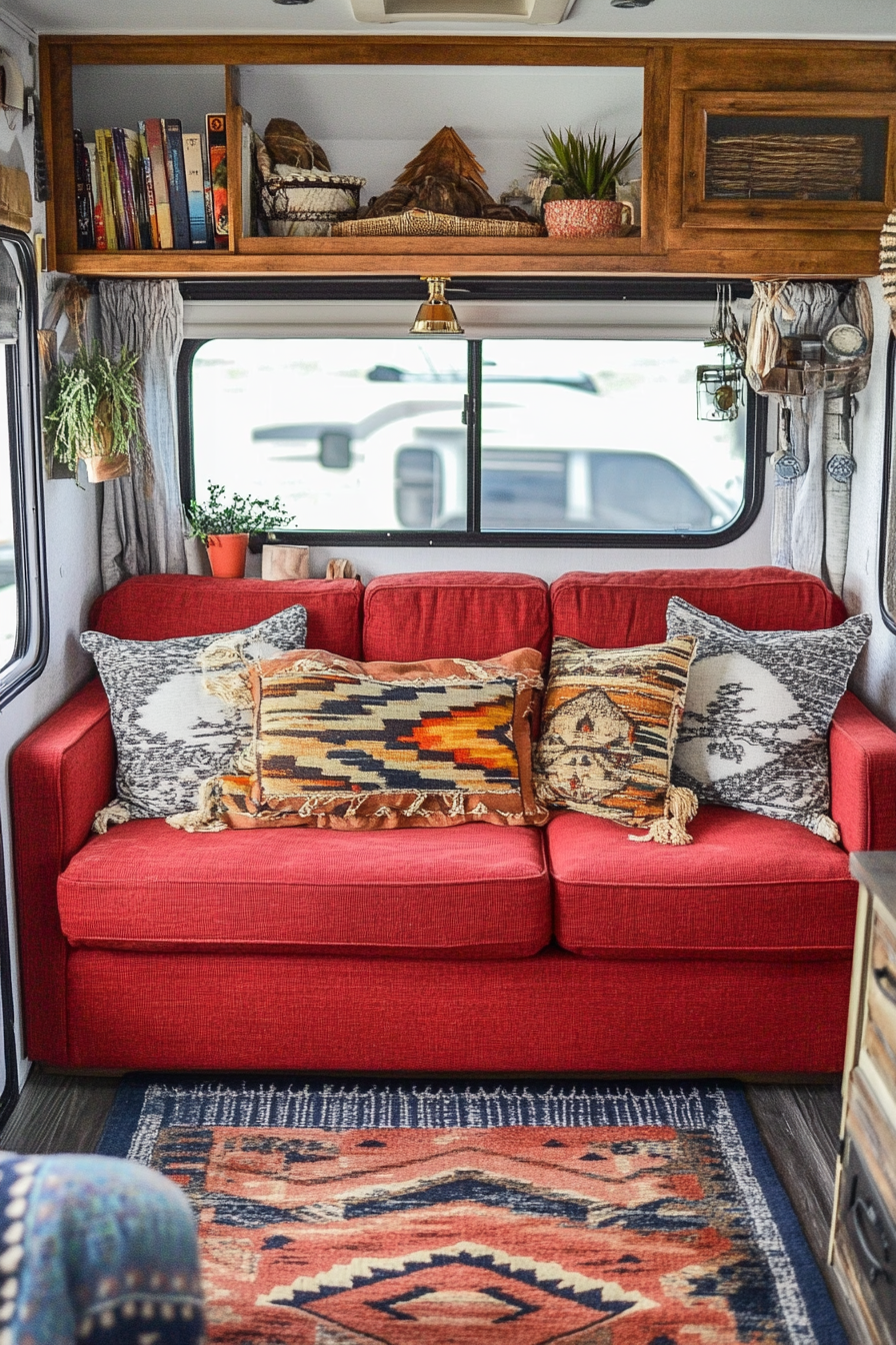 Fall RV decor. Rectilinear red sofa accented with geometric patterned cushions.