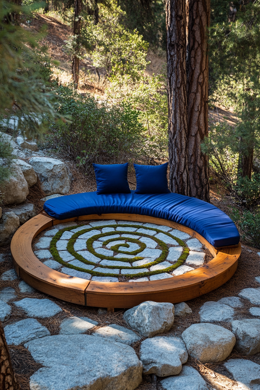 Outdoor massage table. Redwood with blue cushions. Meditation labyrinth layout. Traditional circular design with mossy stones.