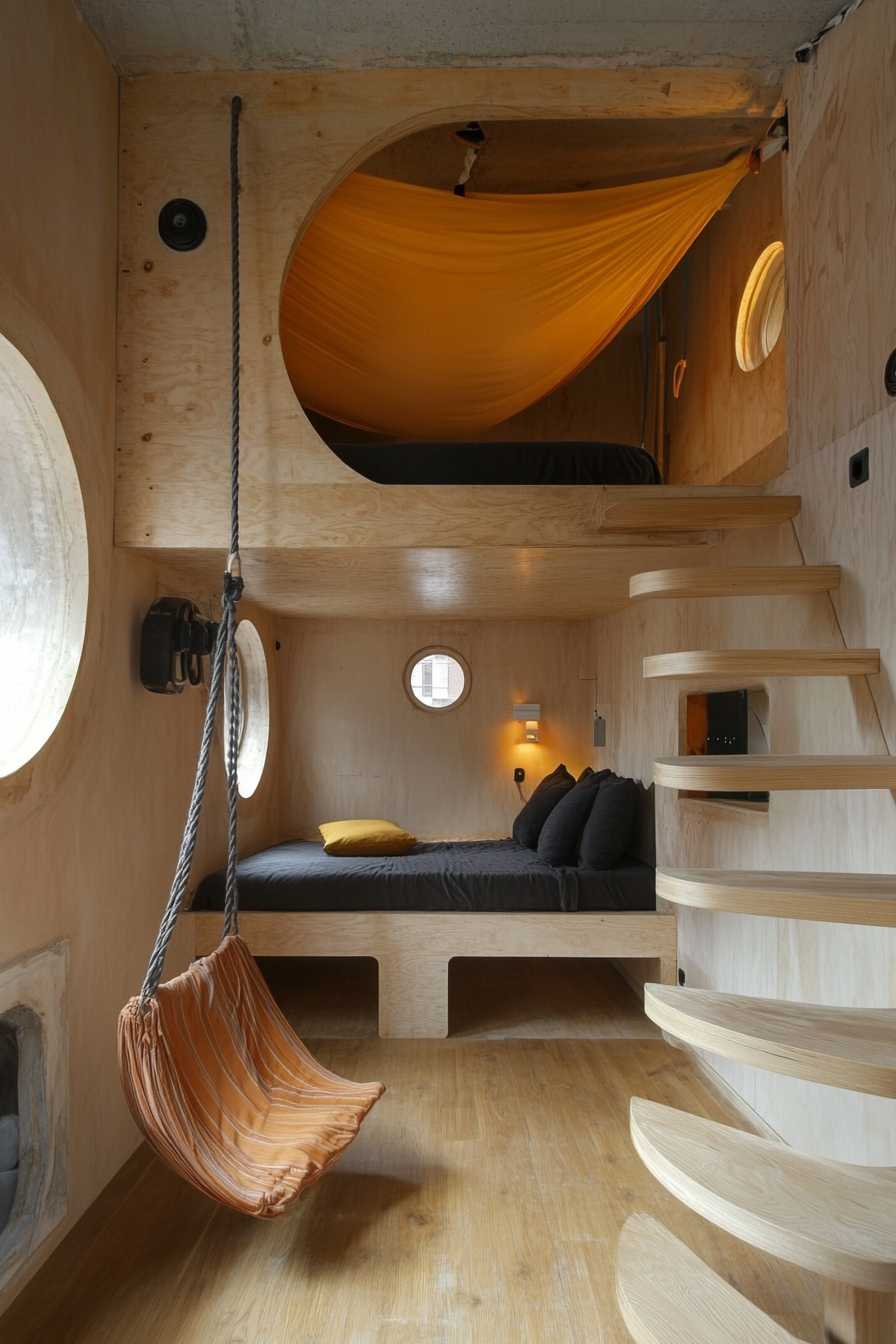 Micro living concept. Spiral staircase with hammock spot and top floor sleeping loft.