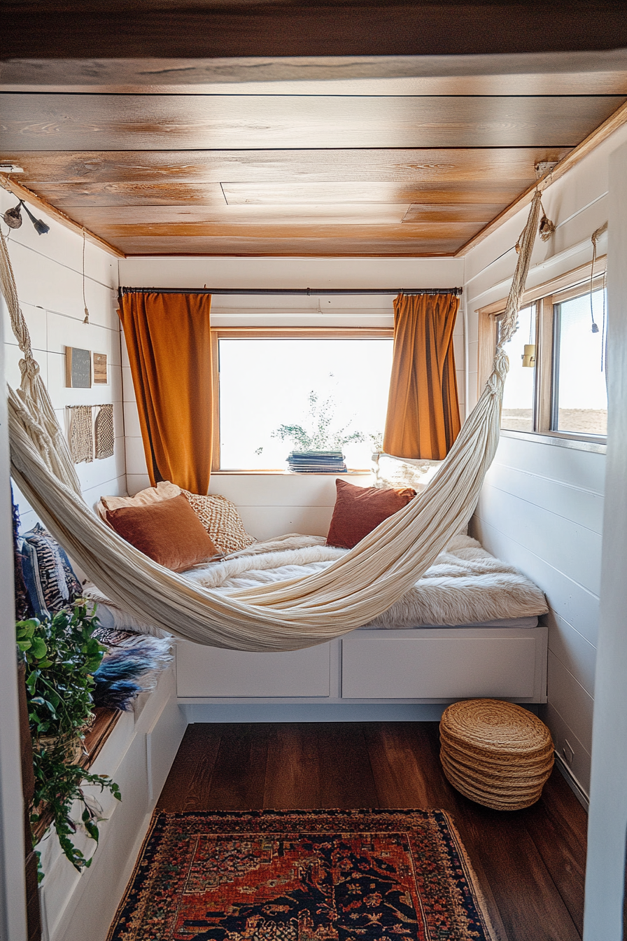 Tiny home design. Velvet upholstery hammock in rattan-filled loft bedroom.