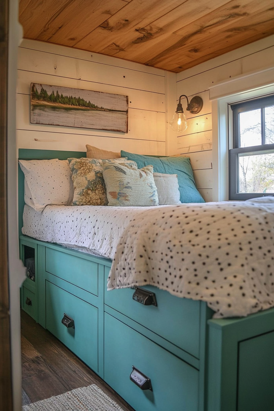 Minimalist tiny house bedroom. Hidden storage bed with wall-mounted turquoise nightstands.