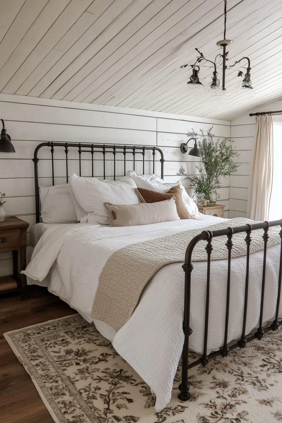 Rustic-chic bedroom. White shiplap ceiling, wrought iron bed frame with natural linen bedding.