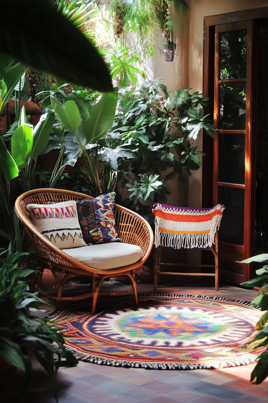 Bohemian Patio. Kilim patterned rug paired with a rattan Circle Chair dressed in macramé.