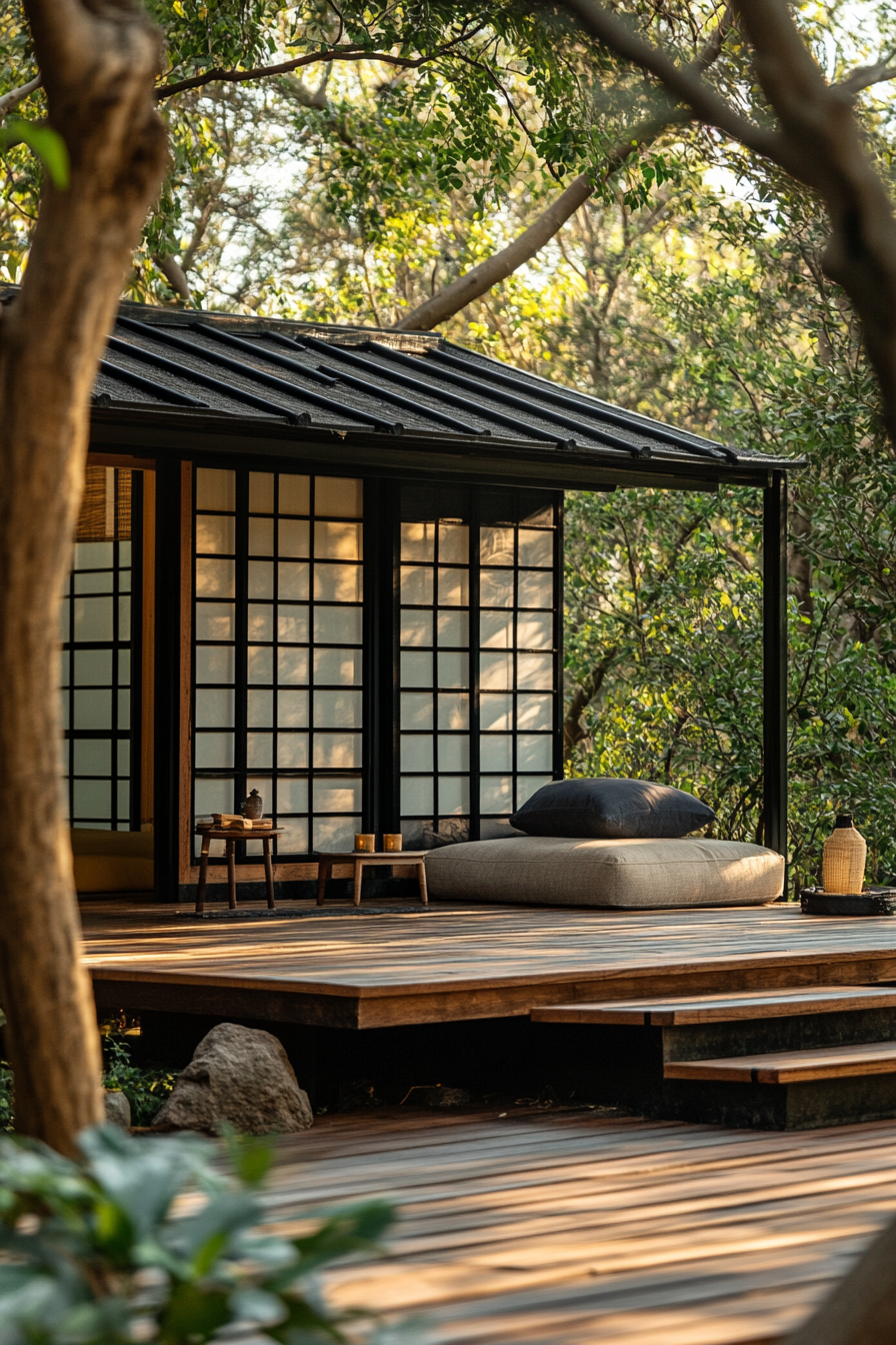 Zen camp concept. Elevated platform with black framed sliding Shoji screens.