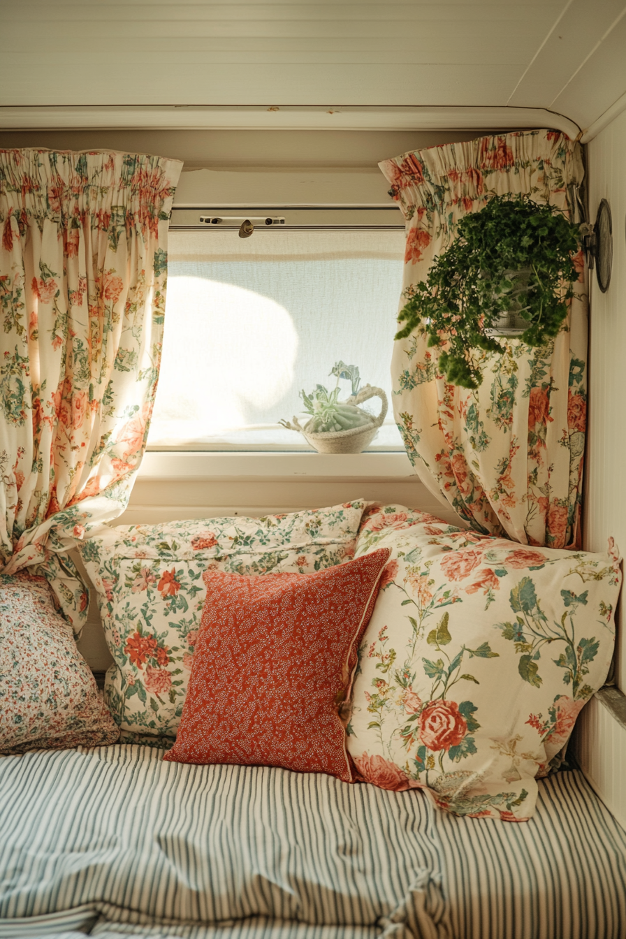 Seaside-inspired camper design. Chintz drapes with stripped bedding.