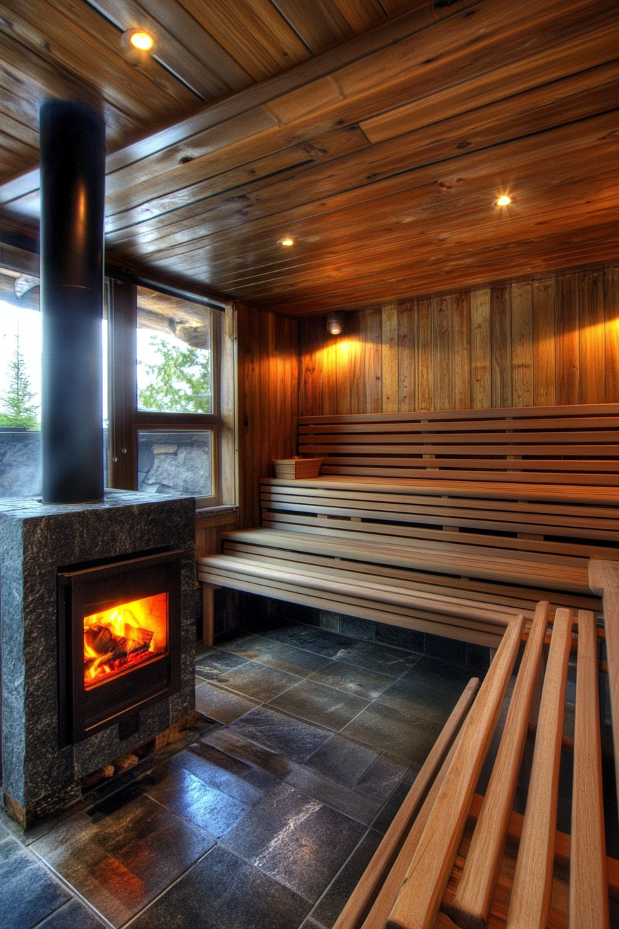 Sauna room design. Rectangular wood-burning stove amidst teak tiered benches.