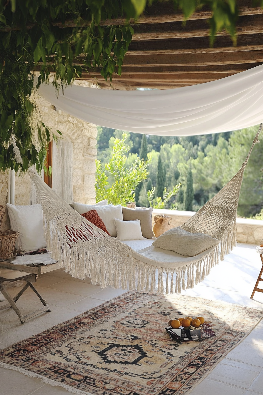 Bohemian patio. Macramé hanging chair, ivory canopy, layered multicolored kilim rugs.