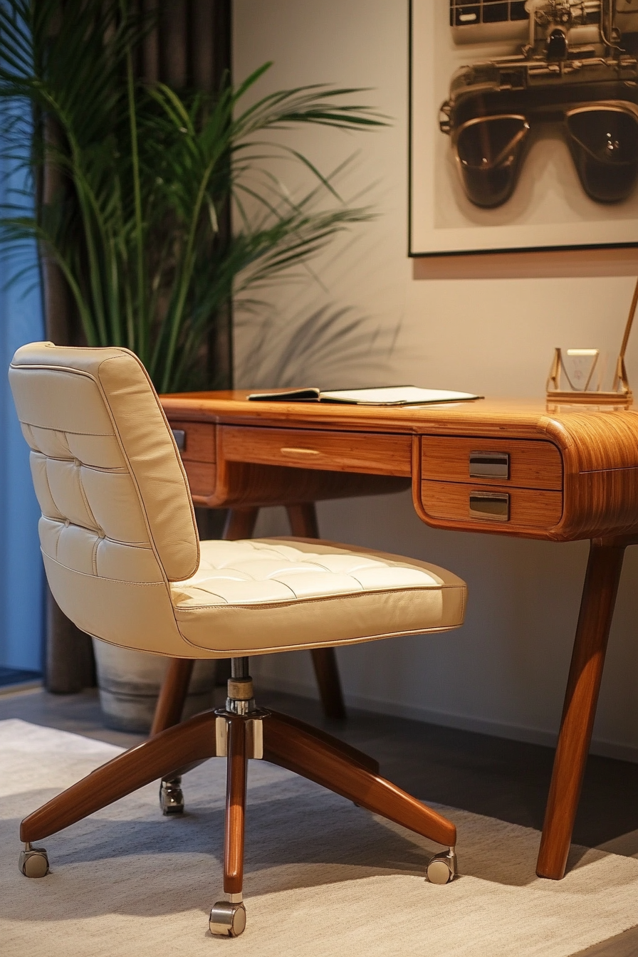 Mobile workspace design. Bamboo desk with faux-leather beige chair.