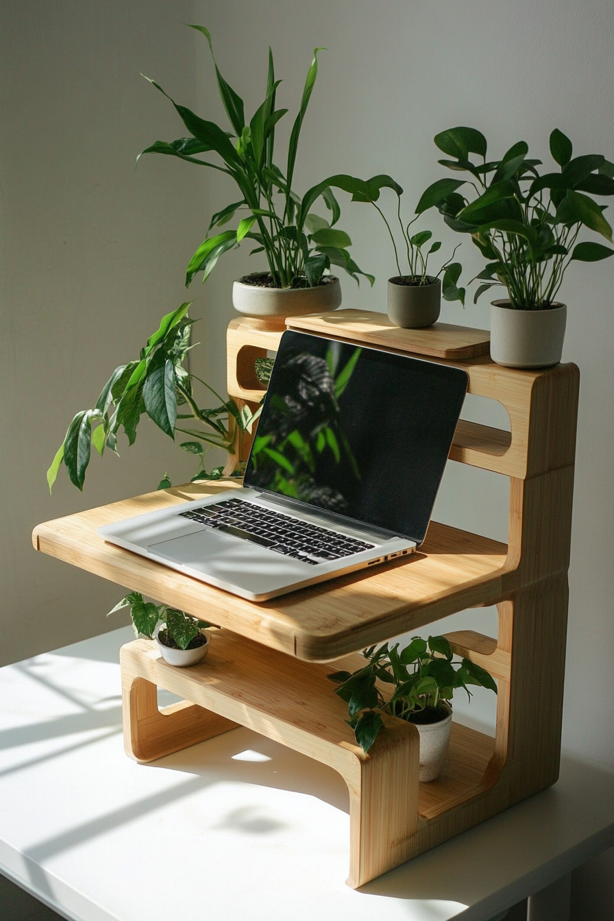 Mobile workspace design. Bamboo desk with neutral ornamental plants.