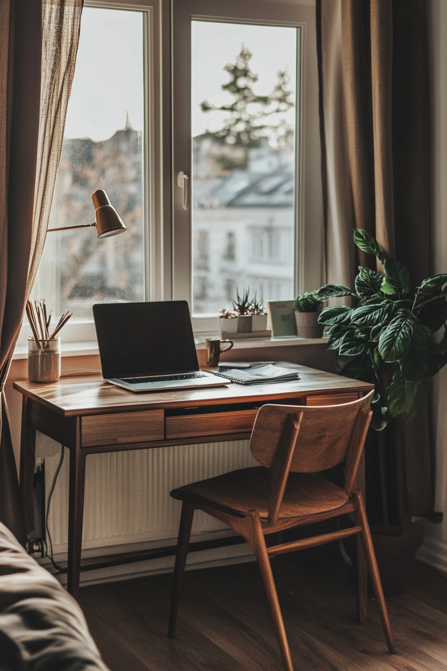 Student dorm room. Minimalist wooden desk with geometric design lamp.