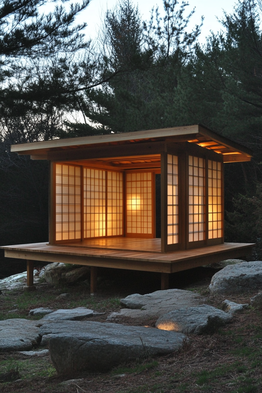 Elevated platform Zen Camp concept. Weathered oak structure with soft lit interior behind sliding shoji screens.