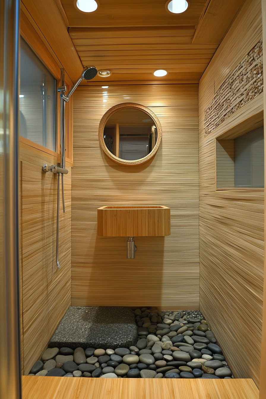 Tiny eco-bathroom concept. Bamboo vanity, river rock shower floor.