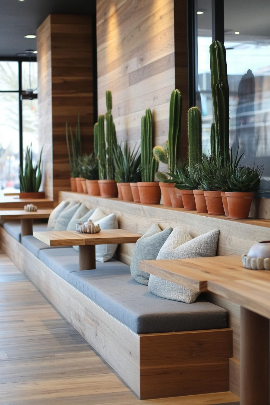 Space design. Low-profile modular seating with gray upholstery and prominent cacti centerpieces.