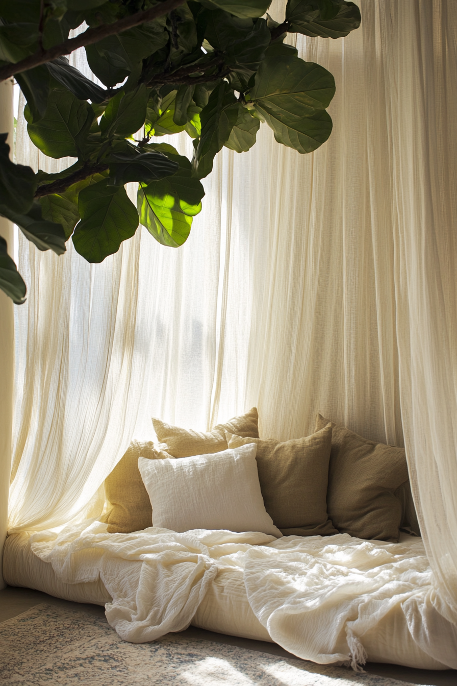 Sleeping nook. Bamboo frame mosquito net and hanging fiddle leaf fig.