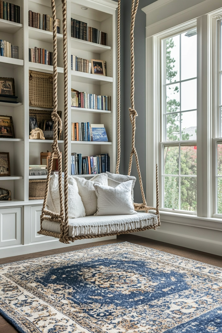 Reading sanctuary. White shelves, roped swing chair, blue woven rug.