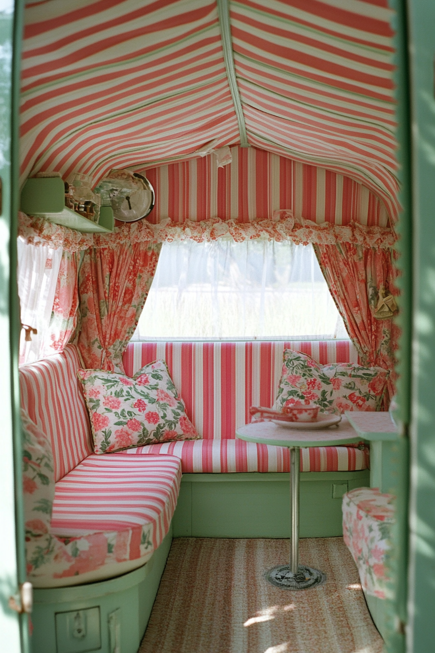 Camper design. Striped awnings with chintz upholstered seating in a seaside palette.