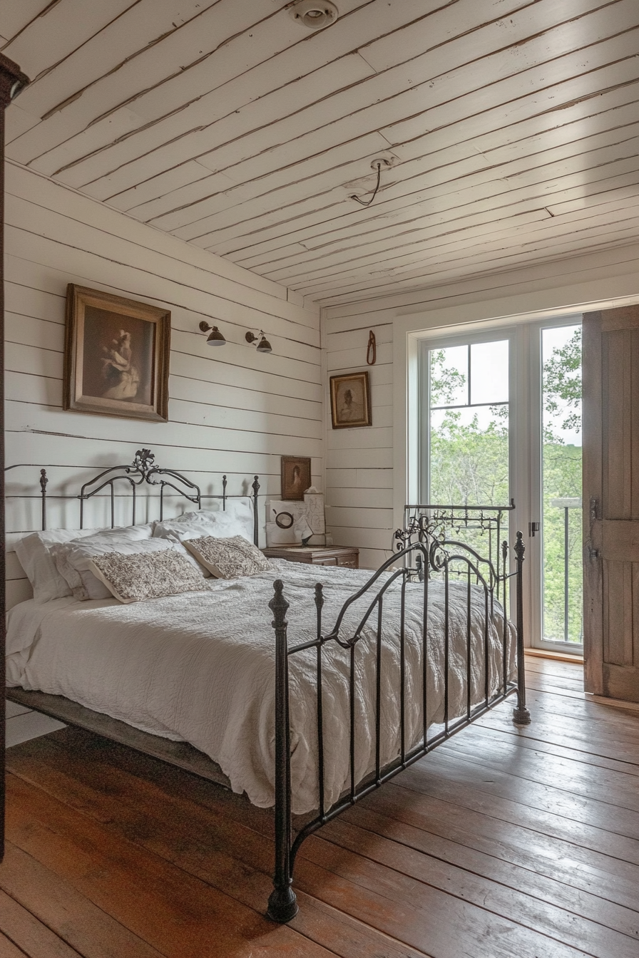 Rustic-chic bedroom. White shiplap ceiling, antique iron bed frame.