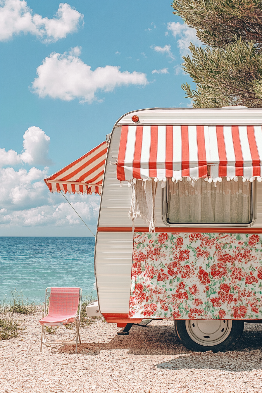 Camper design. Striped awnings against a Chintz-patterned beachside camper van.