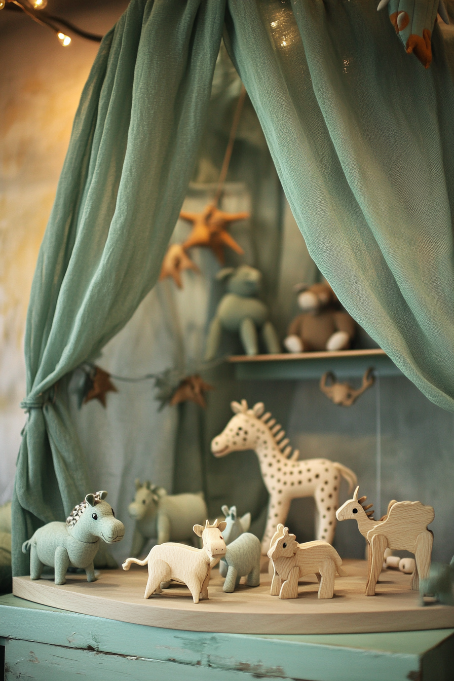 Play area. Sage silk canopy over wooden toy animals display.