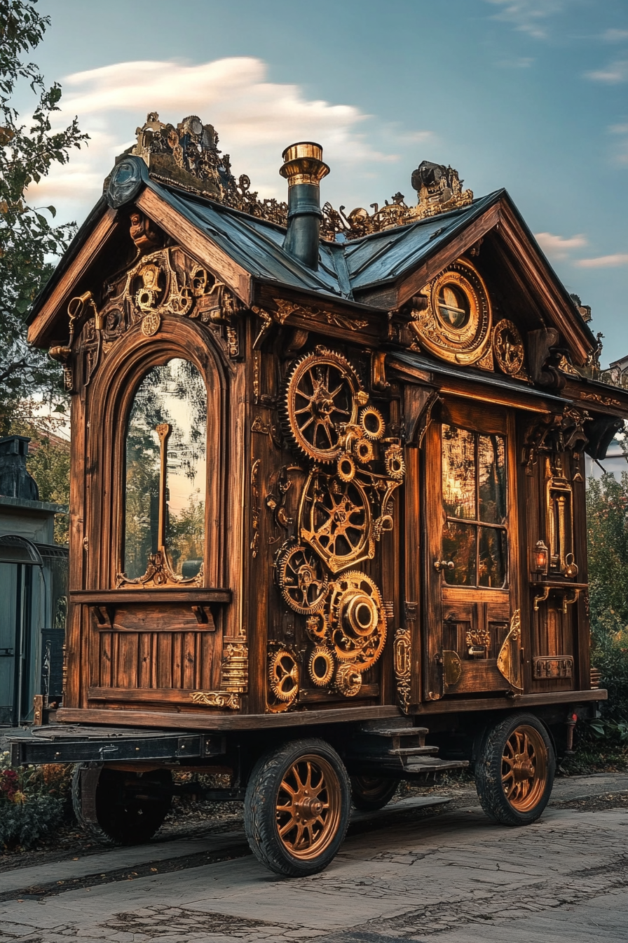 Steampunk micro home. Brass gears decorating wooden tiny house on wheels.