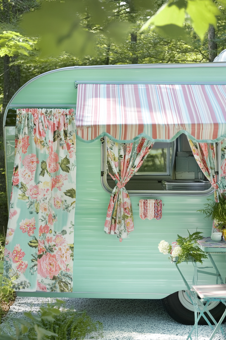 Camper design. Aquamarine exterior, chintz curtains and striped awning.