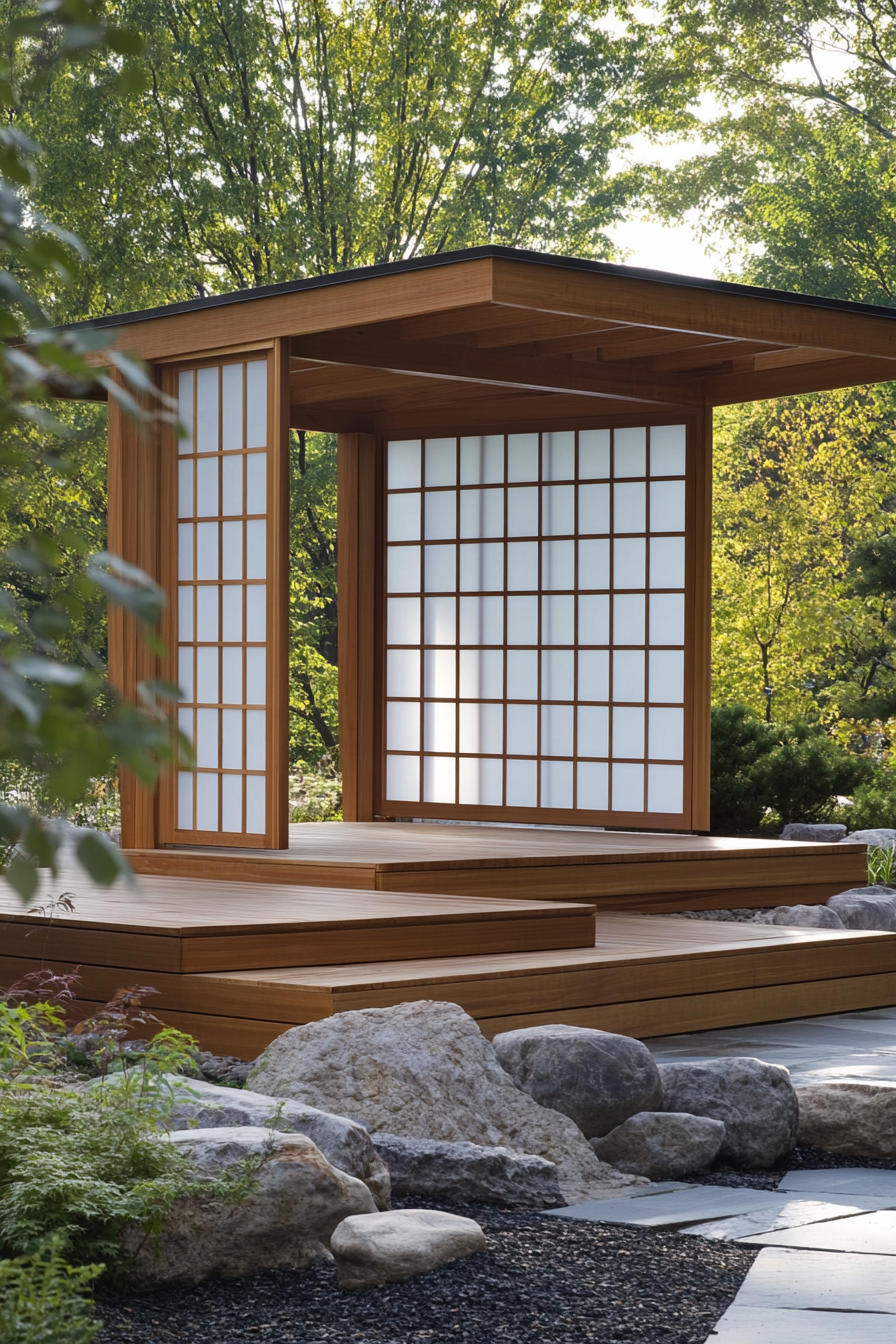 Elevated platform concept. Cedar platform with opaque white shoji screen.