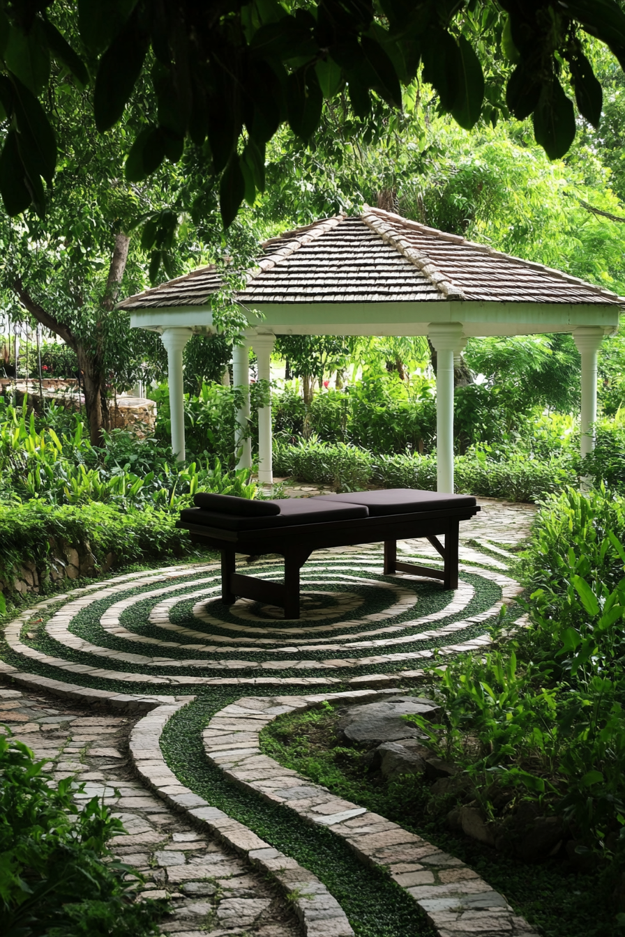 Outdoor massage table. Dark wooden table under a white gazebo. Meditation labyrinth layout. Spiral design in a lush green park.