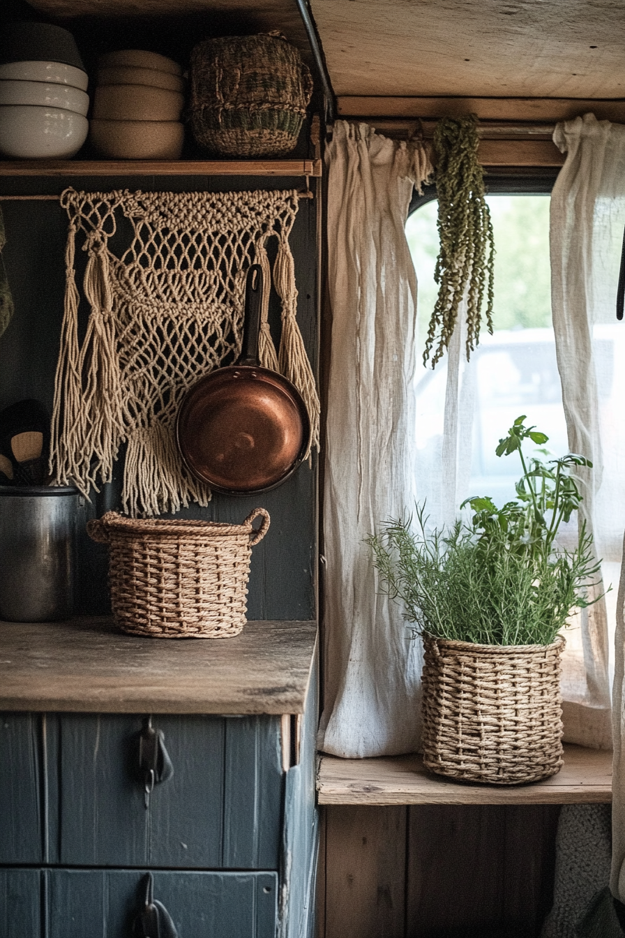 Bohemian camper kitchen. Rustic rattan panels and macramé pot holders.