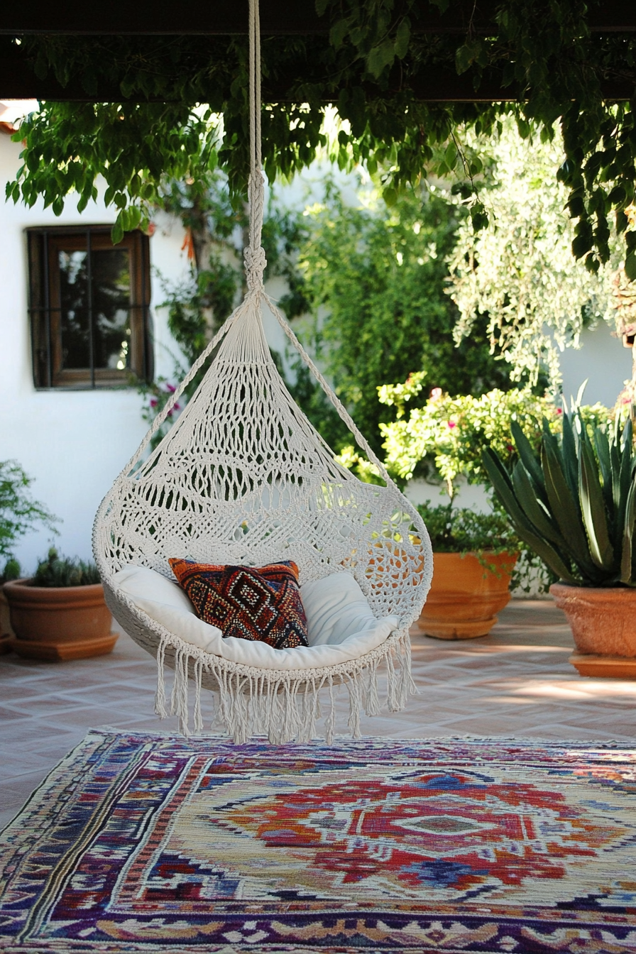 Bohemian patio. Ivory macramé hanging chair on a colorful kilim rug.