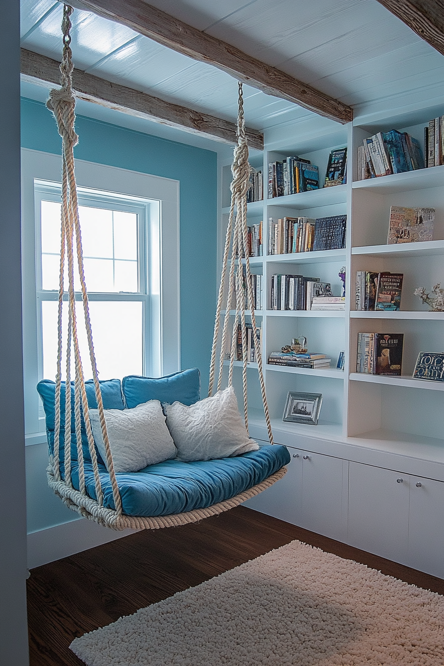 Reading sanctuary. White shelves, cerulean blue cushioned rope swing chair.