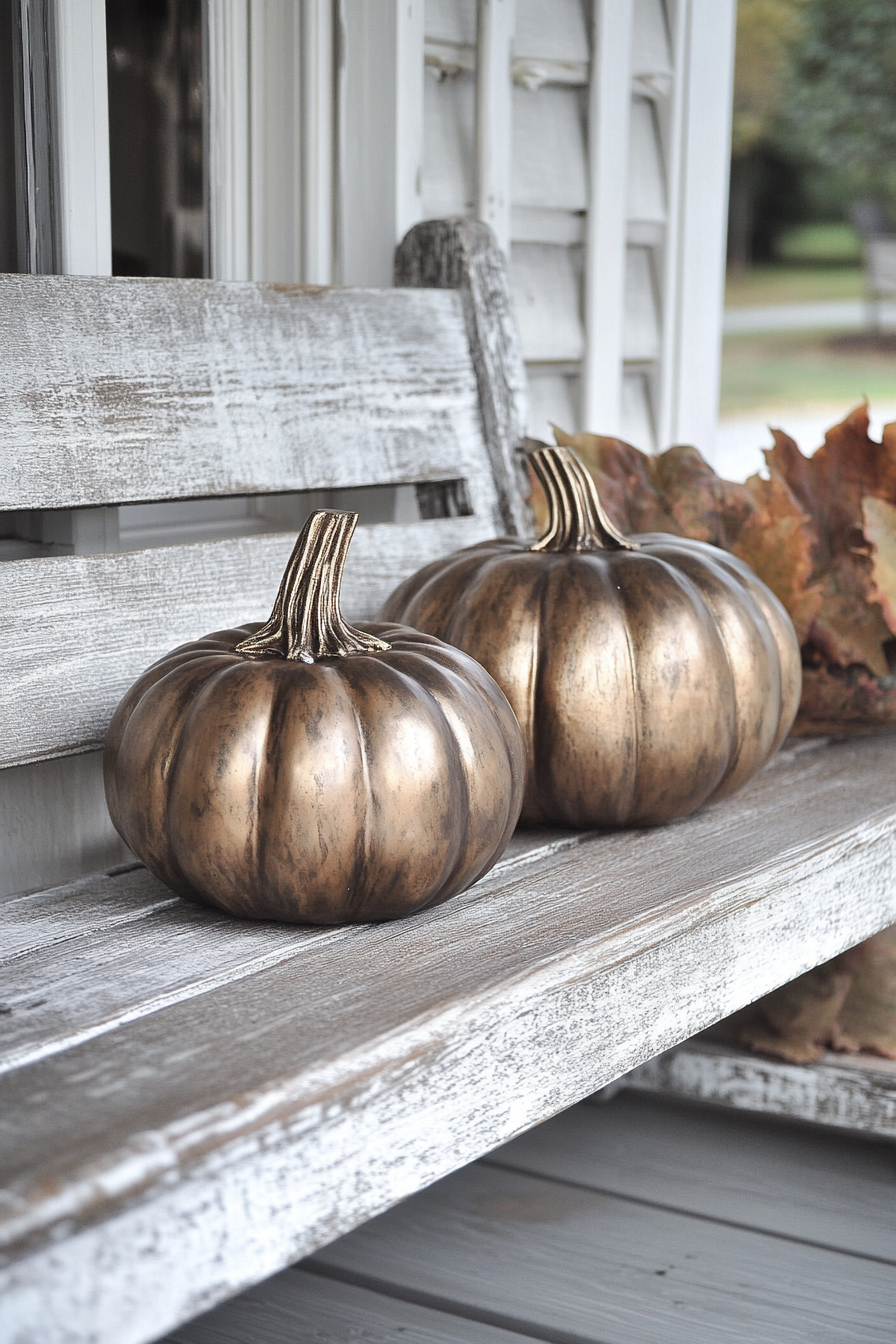 Fall porch. Bronze pumpkins on a beadboard-and-timber bench.