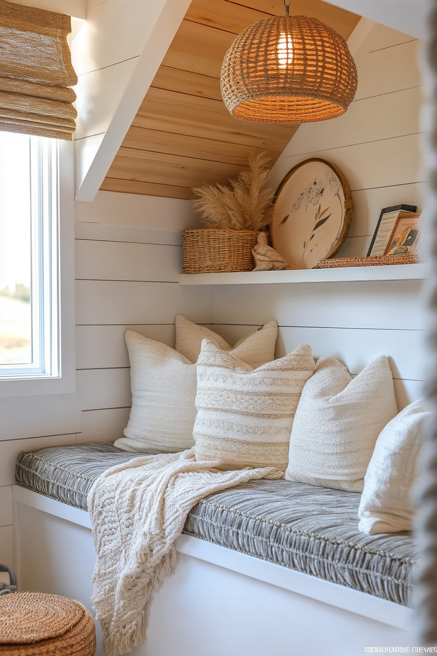 Tiny home upper level design. Velvet reading nook with rattan shelves.