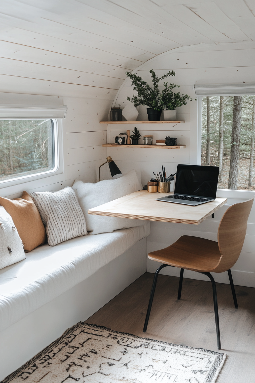 Remote work camper interior. White, minimalist divan with plywood desk.