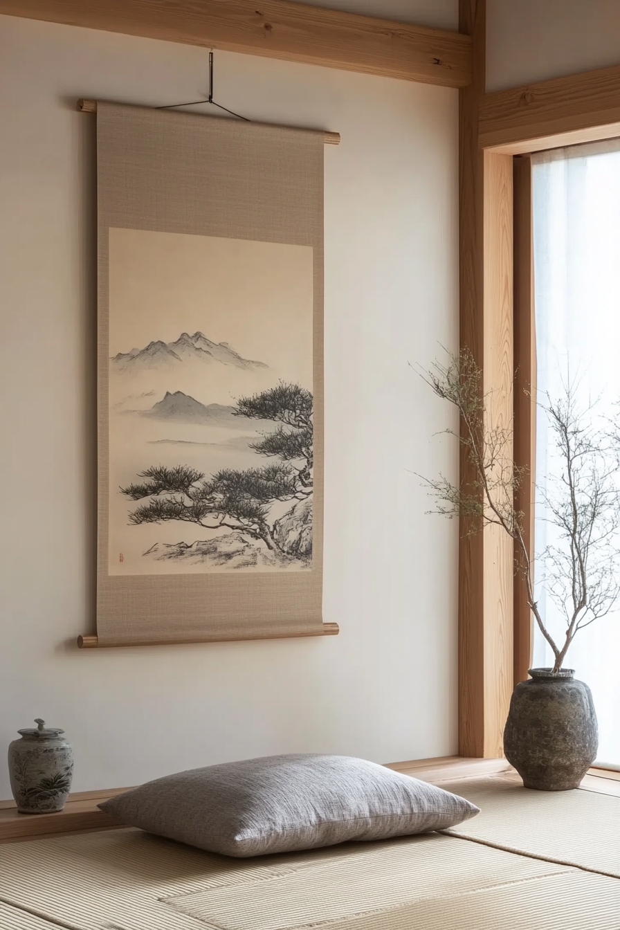 Student dorm room. Minimalist Japanese scroll in a blonde wood frame.