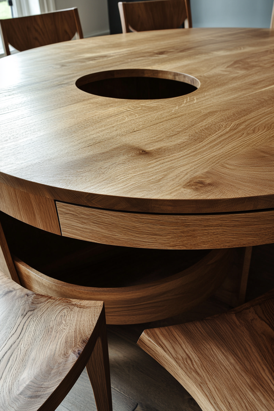 Hidden compartment dining table. Circular shape, oak finish with secret drawer underneath.