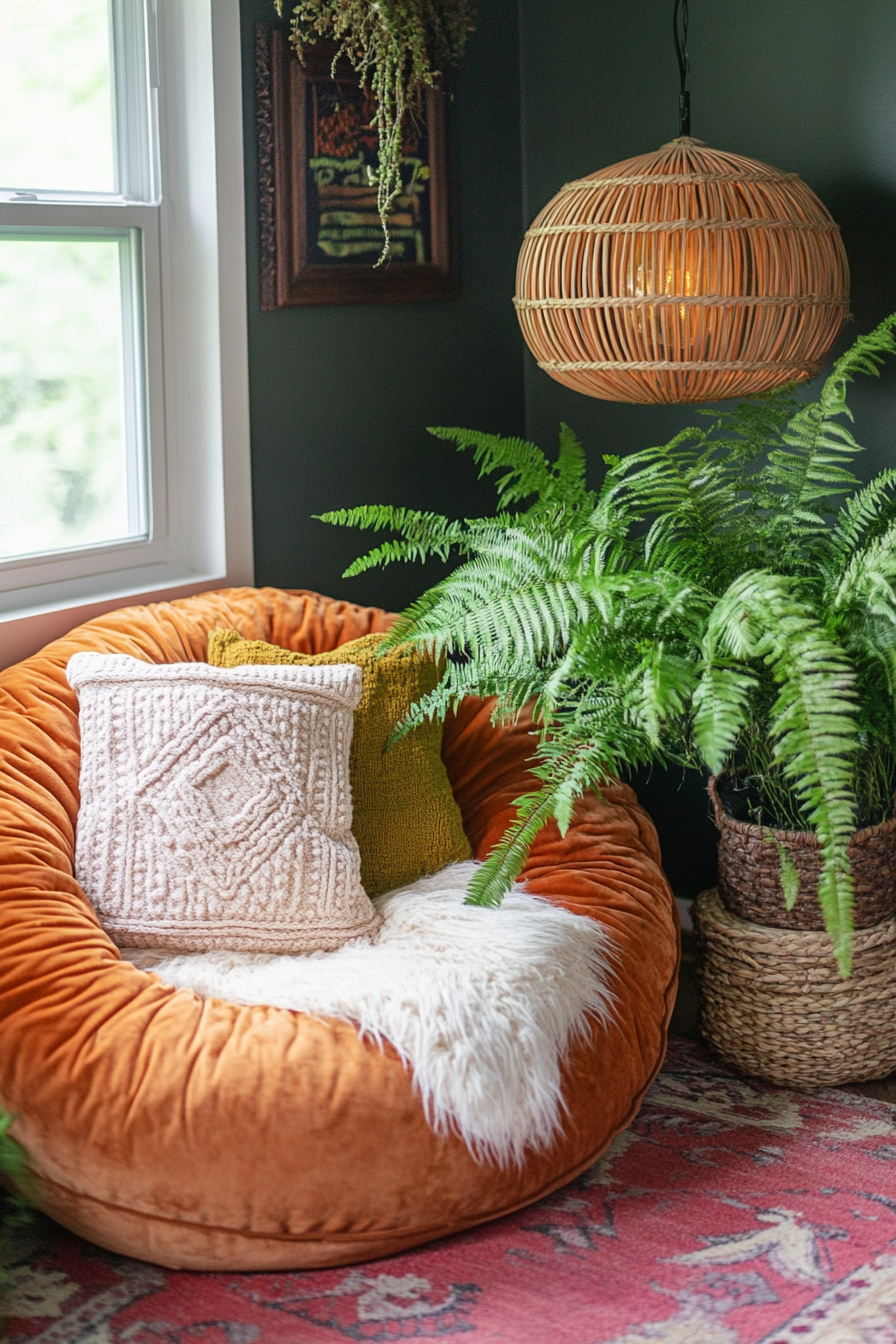 Upper level design. Velvet beanbag, potted fern, rattan floor lamp in bohemian tiny home.